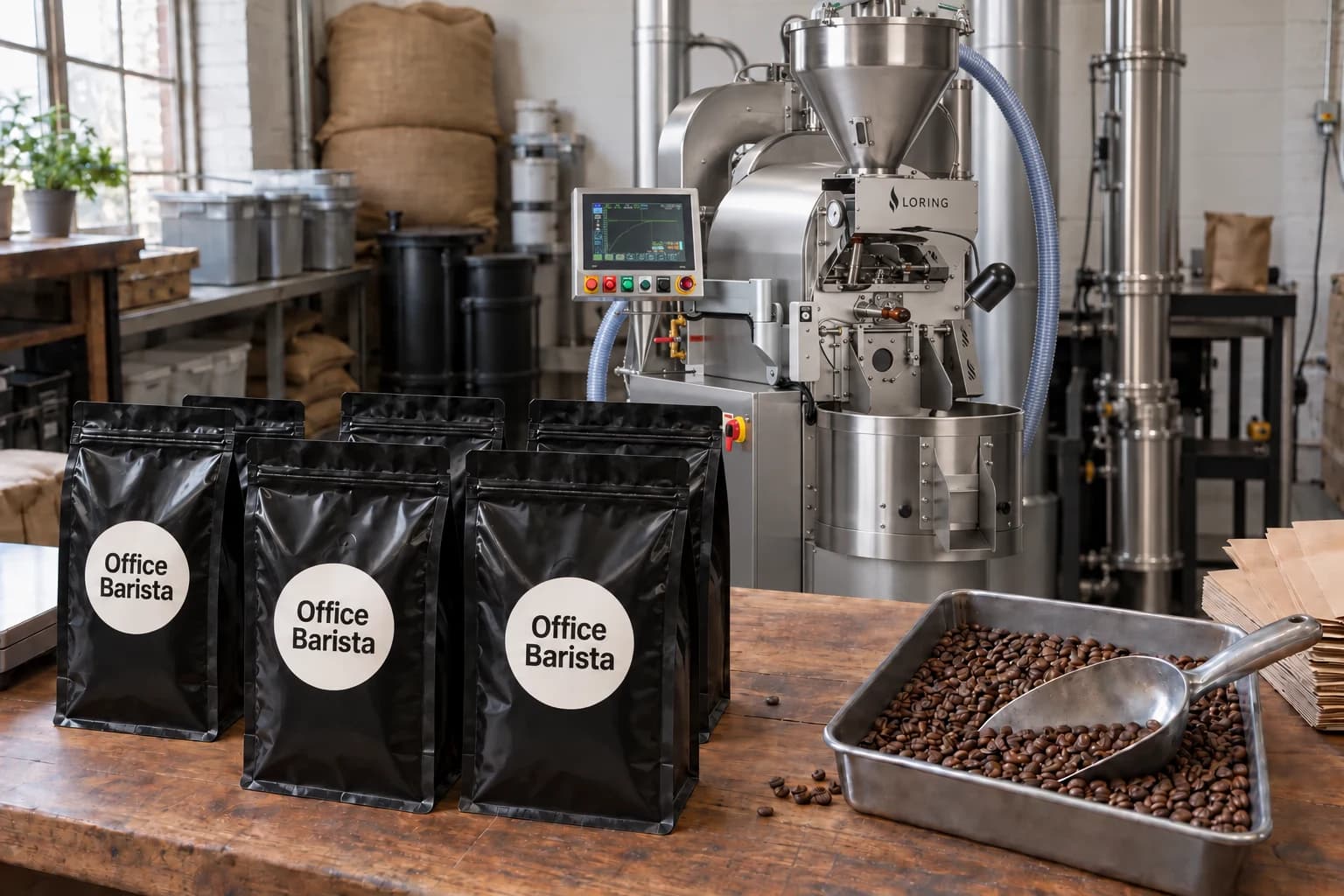 Silberner Loring-Röster, frische Kaffeebohnen und glänzend schwarze Beutel mit runden Office-Barista-Etiketten.